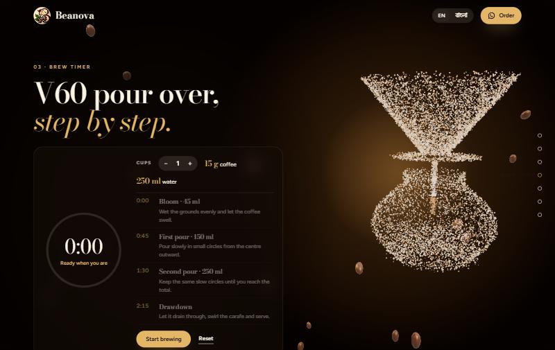 Version 7: 3D particles forming a V60 dripper beside a brew timer
