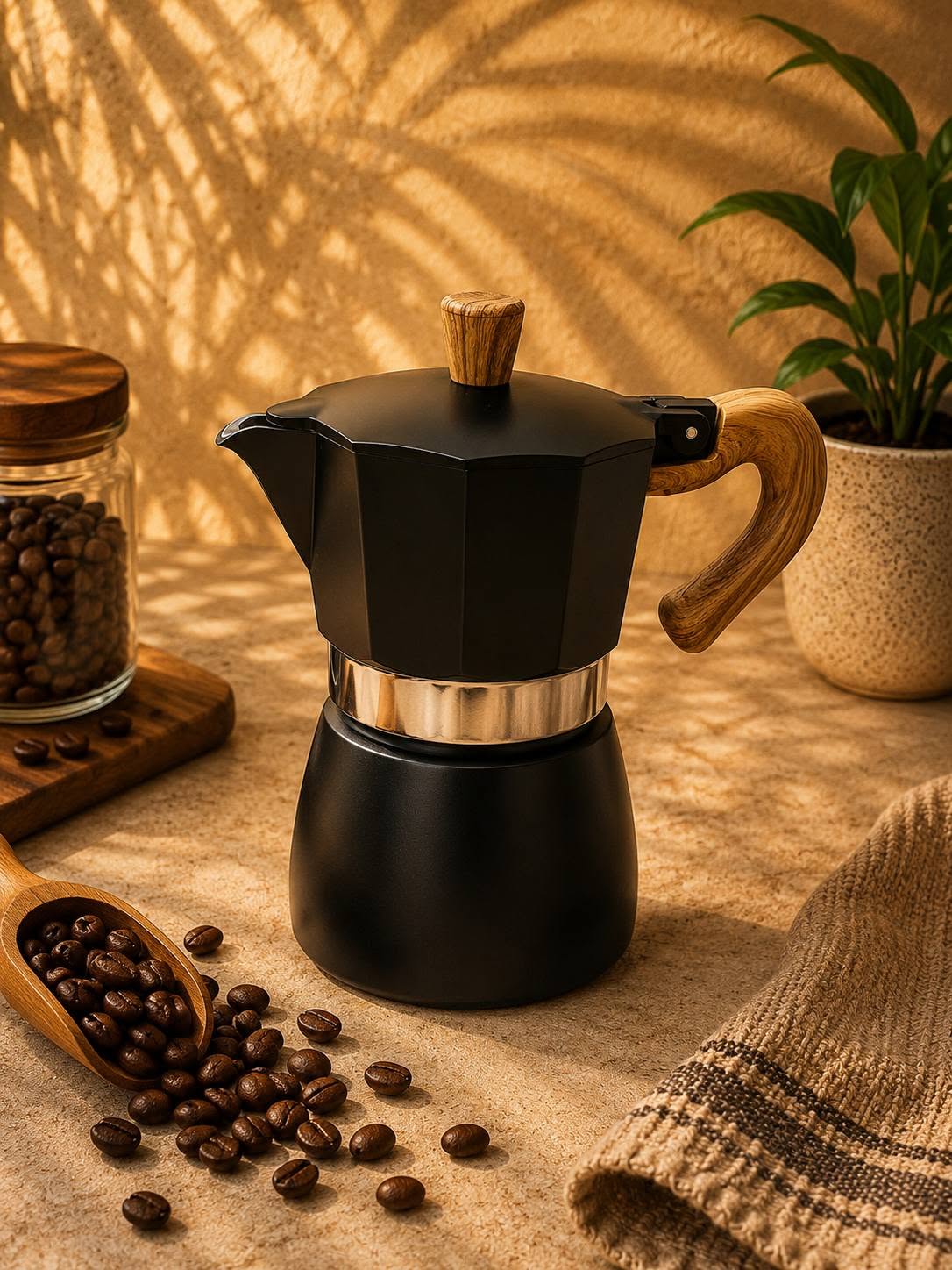 Matte black moka pot in warm afternoon light